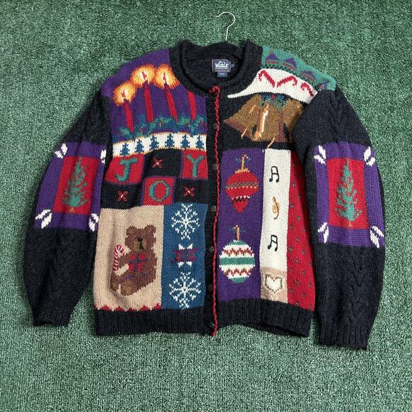 Woolrich Sweater Womens Large Gray Multi Christmas Ugly Cardigan Handknit Bear - Picture 2 of 12